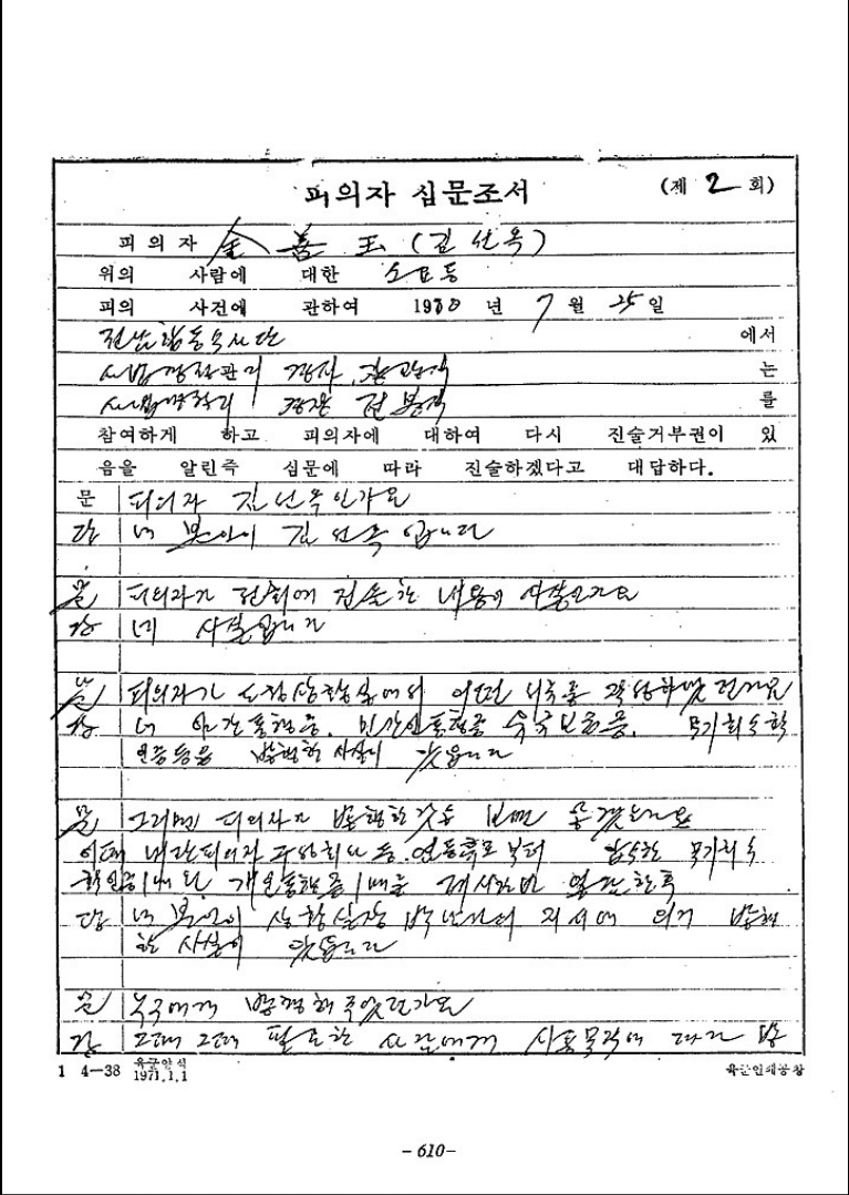 피의자 김선옥 심문조서 첫 페이지