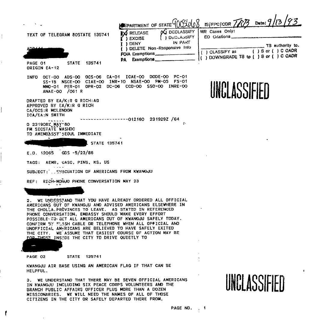 비밀해제된 미 국무부-CIA 5.18 문건 